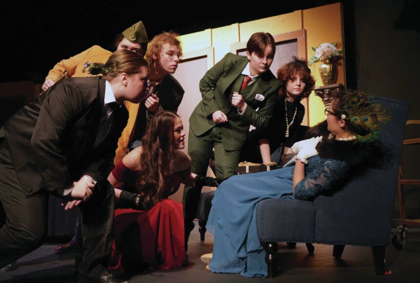 <p>The cast of Seward High School Theatre Collective’s “Clue” rehearse at Seward High School on Thursday, Nov. 7 . (Jake Dye/Peninsula Clarion)</p>