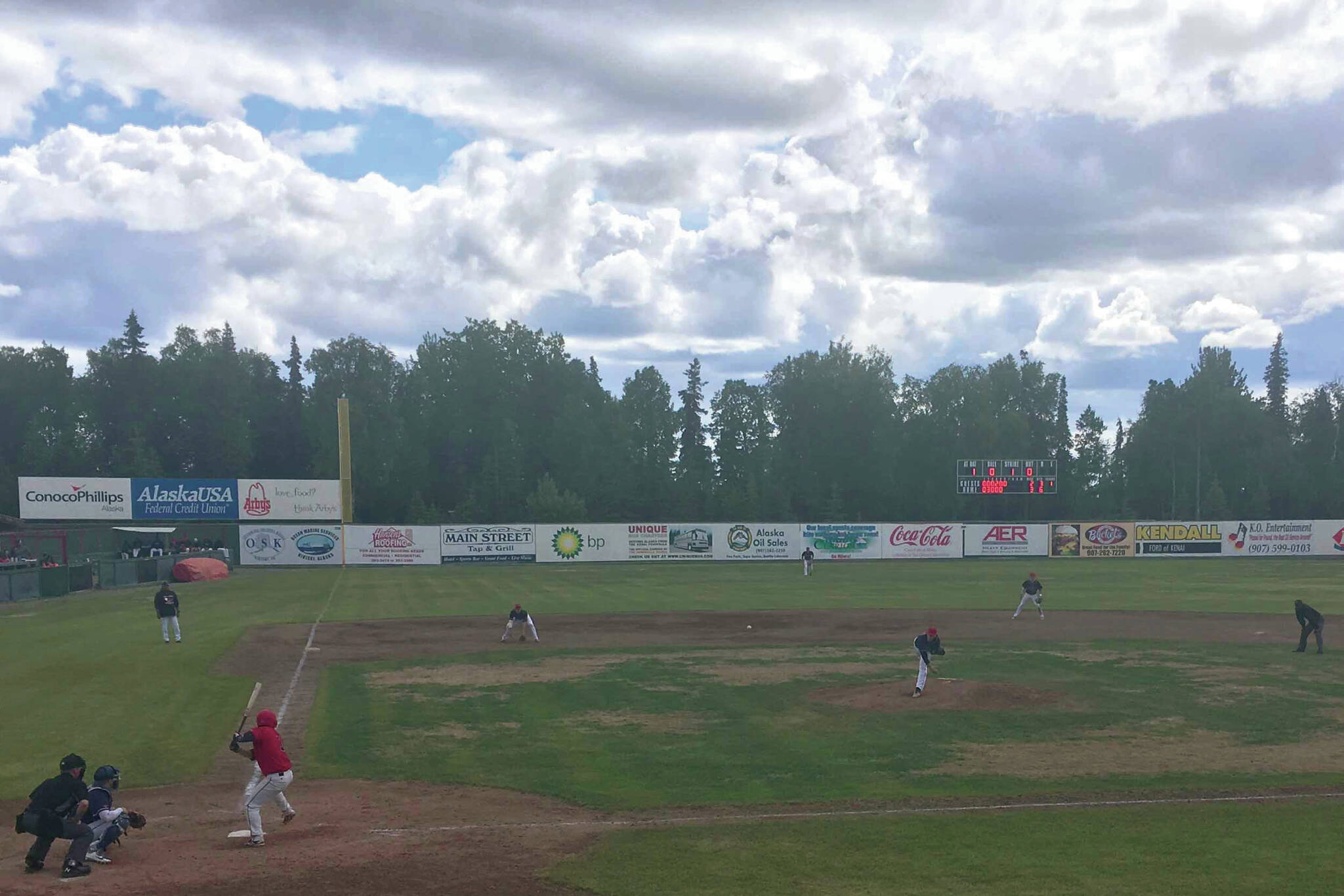 Photo by Jeff Helminiak/Peninsula Clarion
The Peninsula Oilers play the Chugiak-Eagle River Chinooks on Sunday, June 16, 2019, at Coral Seymour Memorial Park in Kenai.