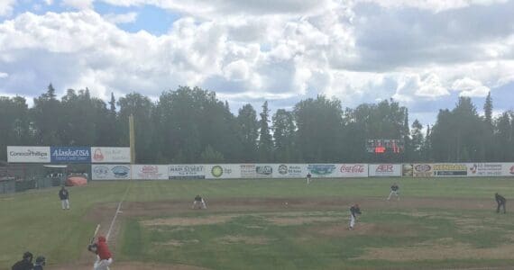 The Peninsula Oilers play the Chugiak-Eagle River Chinooks on Sunday, June 16, 2019, at Coral Seymour Memorial Park in Kenai, Alaska. (Photo by Jeff Helminiak/Peninsula Clarion)