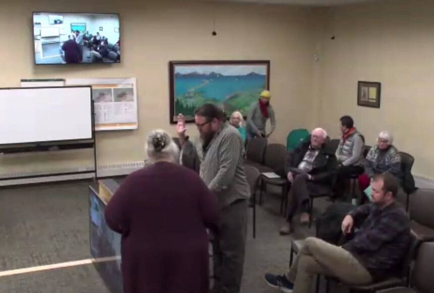 <p>Bradley Parsons is sworn in as the newest Homer City Council member during a special meeting on Tuesday, Nov. 12, 2024, in the Homer City Hall Cowles Council Chambers in Homer, Alaska. Screenshot.</p>