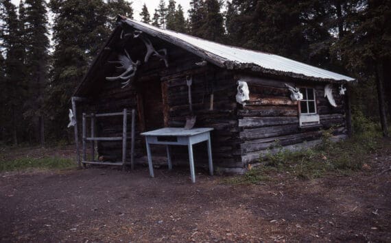 This is the cabin on Pipe Creek, along the north shore of Tustumena Lake, where Harold Galliett sought shelter after surviving a commercial airlines crash in the lake in September 1965. (Photo by Clark Fair, 1990)