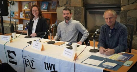 State House District 6 candidates Rep. Sarah Vance, Dawson Slaughter and Brent Johnson participate in a candidate forum hosted by the Peninsula Clarion and KBBI 890 AM at the Homer Public Library in Homer, Alaska, on Tuesday, Oct. 29, 2024. (Jake Dye/Peninsula Clarion)