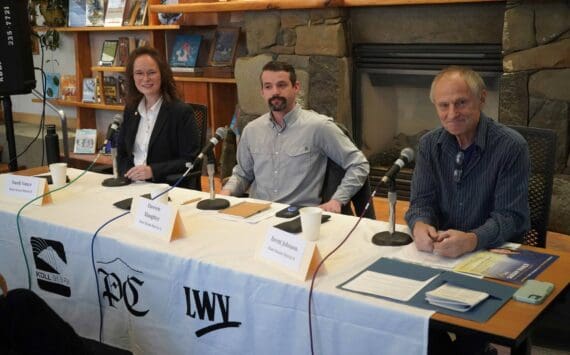 State House District 6 candidates Rep. Sarah Vance, Dawson Slaughter and Brent Johnson participate in a candidate forum hosted by the Peninsula Clarion and KBBI 890 AM at the Homer Public Library in Homer, Alaska, on Tuesday, Oct. 29, 2024. (Jake Dye/Peninsula Clarion)