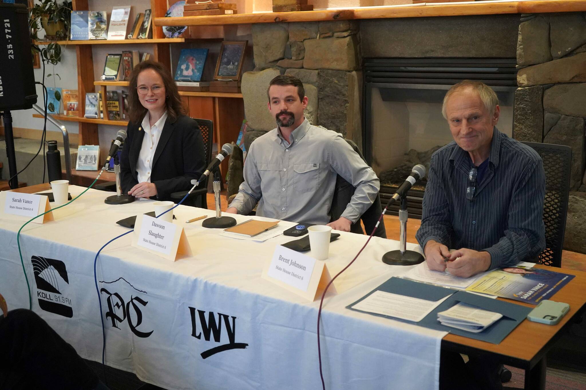 State House District 6 candidates Rep. Sarah Vance, Dawson Slaughter and Brent Johnson participate in a candidate forum hosted by the Peninsula Clarion and KBBI 890 AM at the Homer Public Library in Homer, Alaska, on Tuesday, Oct. 29, 2024. (Jake Dye/Peninsula Clarion)