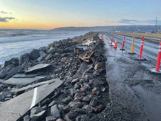 High tides and strong winds further eroded a section of Homer Spit Road on Saturday, Nov. 16<ins>, 2024, in Homer, Alaska</ins>. (Photo by Matt Clarke