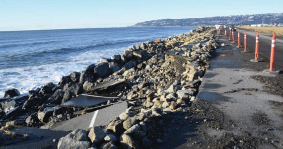 Erosion damage to the southbound lane of Homer Spit Road is seen on Monday, Nov. 18<ins>, 2024</ins>, following a storm event on Saturday<ins> in Homer, Alaska</ins>. (Delcenia Cosman/Homer News)