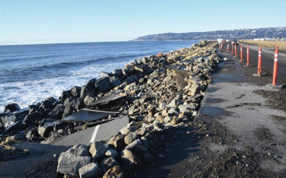 Erosion damage to the southbound lane of Homer Spit Road is seen on Monday, Nov. 18<ins>, 2024</ins>, following a storm event on Saturday<ins> in Homer, Alaska</ins>. (Delcenia Cosman/Homer News)