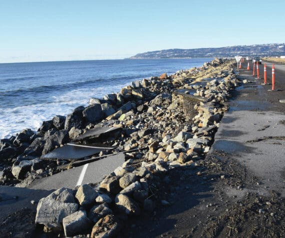 Erosion damage to the southbound lane of Homer Spit Road is seen on Monday, Nov. 18<ins>, 2024</ins>, following a storm event on Saturday<ins> in Homer, Alaska</ins>. (Delcenia Cosman/Homer News)