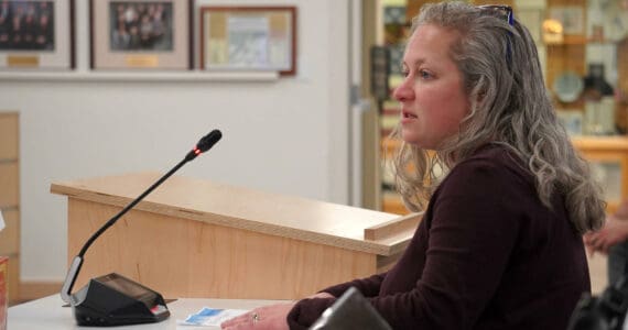 Lindsay Bear, a member of the Chapman School Site Council, speaks to the Kenai Peninsula Borough Assembly in Soldotna, Alaska, on Tuesday, Nov. 12, 2024. (Jake Dye/Peninsula Clarion)