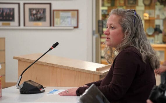 Lindsay Bear, a member of the Chapman School Site Council, speaks to the Kenai Peninsula Borough Assembly in Soldotna, Alaska, on Tuesday, Nov. 12, 2024. (Jake Dye/Peninsula Clarion)