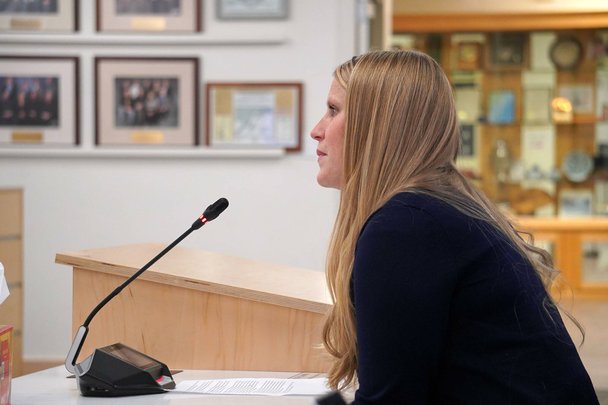 Chapman School Principal Heidi Stokes speaks to the Kenai Peninsula Borough Assembly in Soldotna, Alaska, on Tuesday, Nov. 12, 2024. (Jake Dye/Peninsula Clarion)