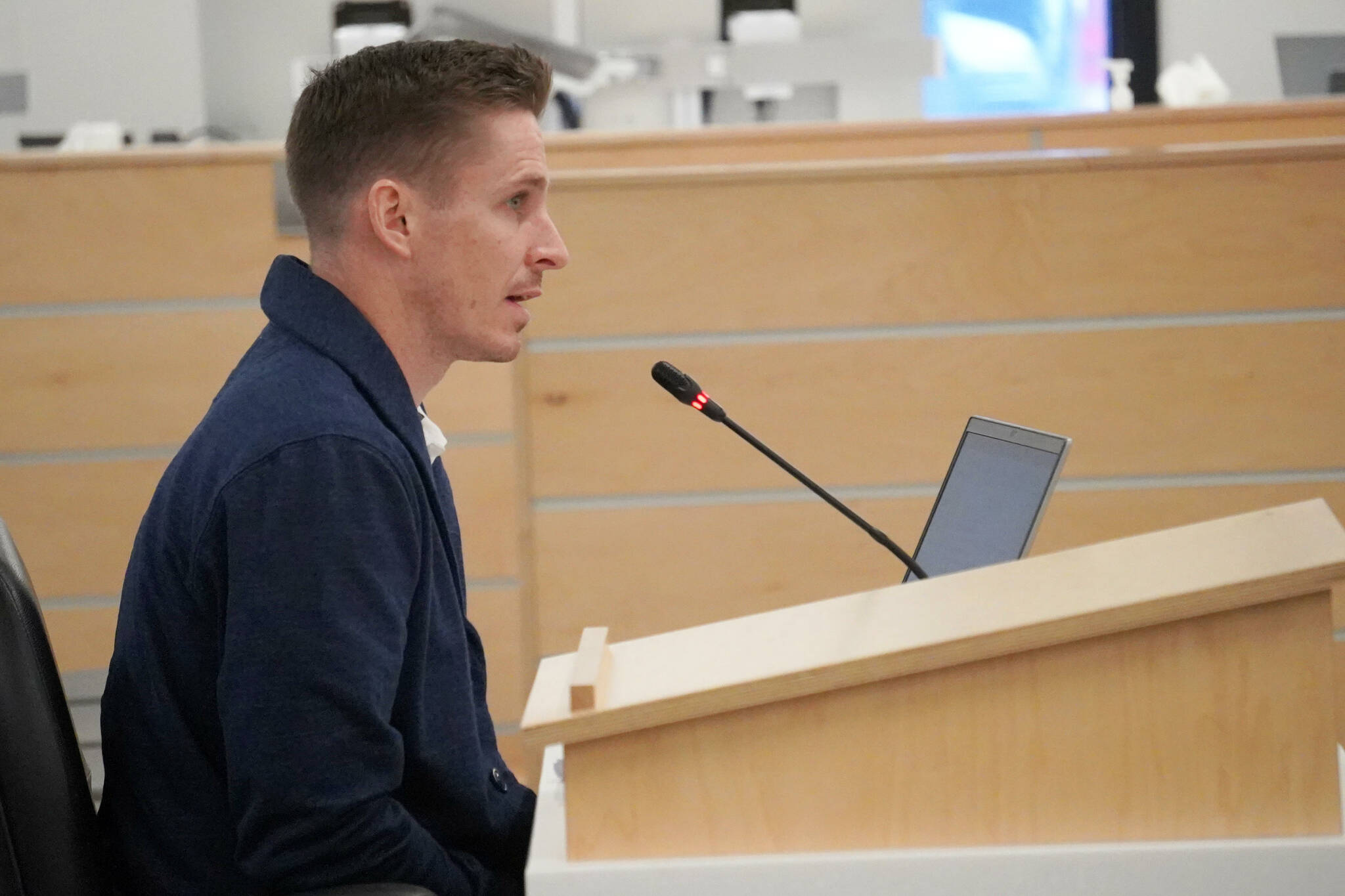 Kenaitze Indian Tribe Education Director Kyle McFall speaks during a special meeting of the Kenai Peninsula Borough School District’s Board of Education in Soldotna, Alaska, on Monday, Nov. 18, 2024. (Jake Dye/Peninsula Clarion)