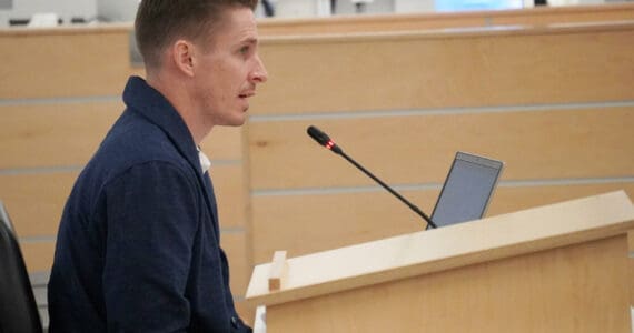 Kenaitze Indian Tribe Education Director Kyle McFall speaks during a special meeting of the Kenai Peninsula Borough School District’s Board of Education in Soldotna, Alaska, on Monday, Nov. 18, 2024. (Jake Dye/Peninsula Clarion)