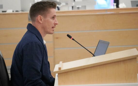 Kenaitze Indian Tribe Education Director Kyle McFall speaks during a special meeting of the Kenai Peninsula Borough School District’s Board of Education in Soldotna, Alaska, on Monday, Nov. 18, 2024. (Jake Dye/Peninsula Clarion)