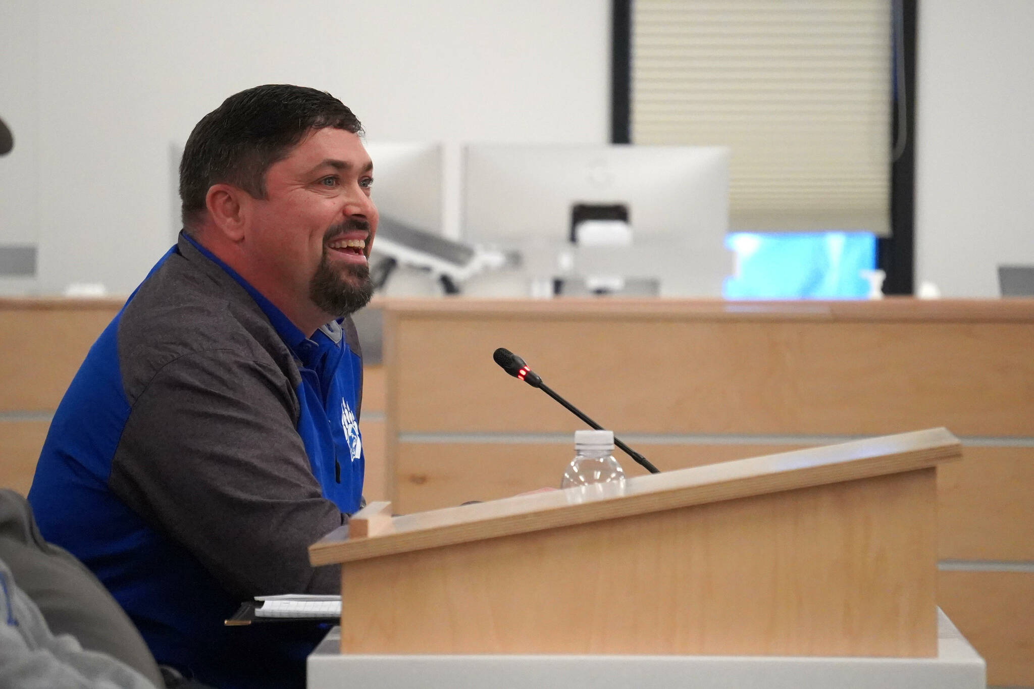 Aurora Borealis Charter School Principal Cody McCanna speaks during a special meeting of the Kenai Peninsula Borough School District’s Board of Education in Soldotna, Alaska, on Monday, Nov. 18, 2024. (Jake Dye/Peninsula Clarion)