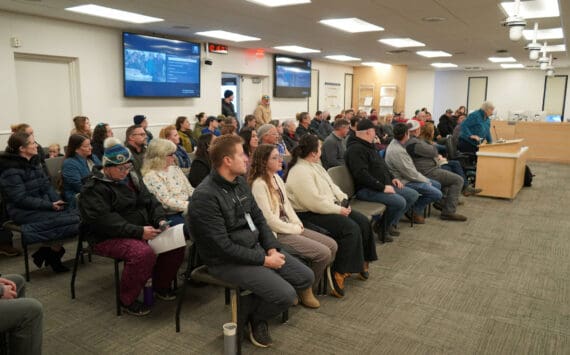 Suzanne Phillips, who formerly was a teacher at Aurora Borealis Charter School, speaks during a special meeting of the Kenai Peninsula Borough School District’s Board of Education in Soldotna, Alaska, on Monday, Nov. 18, 2024. (Jake Dye/Peninsula Clarion)