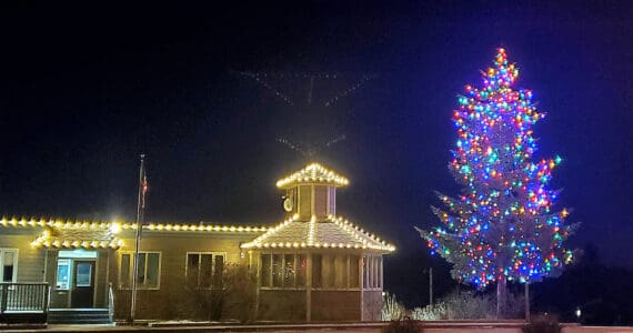 Homer City Hall is lit up for the holiday season on Monday, Nov. 18, 2024, in Homer, Alaska. (Delcenia Cosman/Homer News)