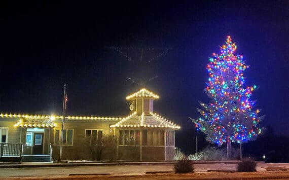 Homer City Hall is lit up for the holiday season on Monday, Nov. 18, 2024, in Homer, Alaska. (Delcenia Cosman/Homer News)