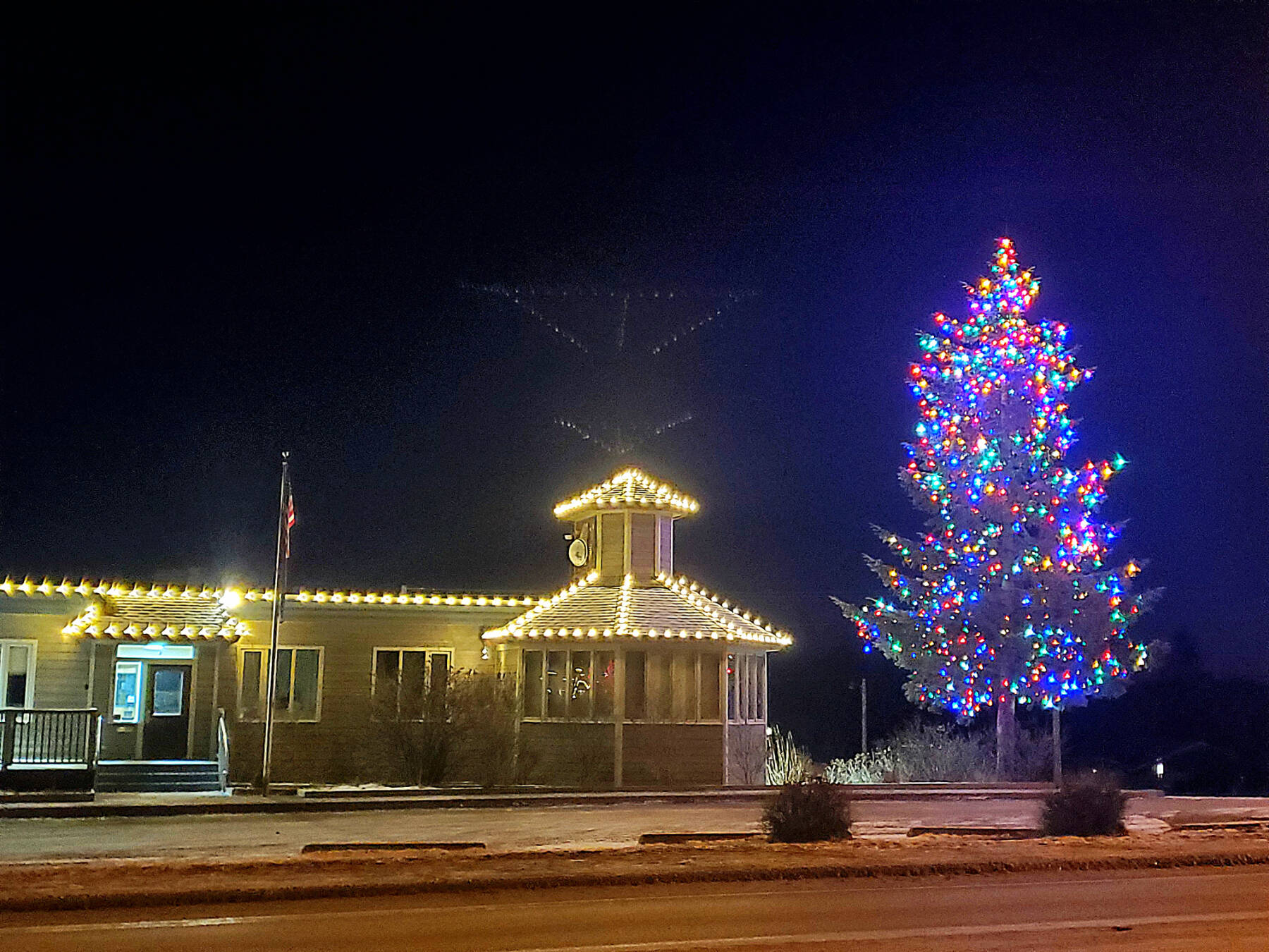 Homer City Hall is lit up for the holiday season on Monday, Nov. 18, 2024, in Homer, Alaska. (Delcenia Cosman/Homer News)