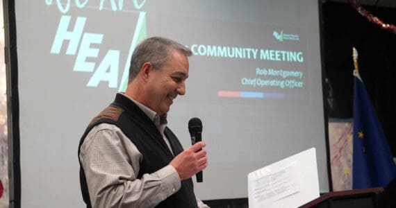 Homer Electric Association Chief Operating Officer Rob Montgomery speaks during a joint luncheon of the Kenai and Soldotna Chambers of Commerce at the Kenai Chamber of Commerce and Visitor Center in Kenai, Alaska, on Wednesday, Nov. 13, 2024. (Jake Dye/Peninsula Clarion)