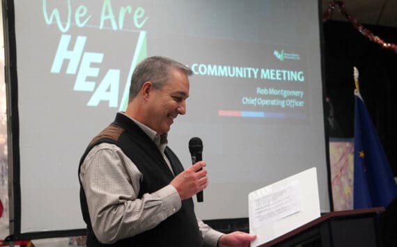 Homer Electric Association Chief Operating Officer Rob Montgomery speaks during a joint luncheon of the Kenai and Soldotna Chambers of Commerce at the Kenai Chamber of Commerce and Visitor Center in Kenai, Alaska, on Wednesday, Nov. 13, 2024. (Jake Dye/Peninsula Clarion)