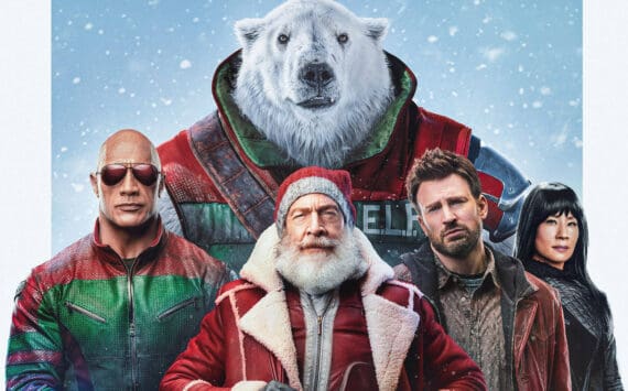 Dwayne Johnson as Callum Drift, J. K. Simmons as Santa Claus, Chris Evans as Jack O’Malley and Lucy Liu as Zoe Harlow in “Red One.” (Promotional image courtesy Amazon MGM Studios)