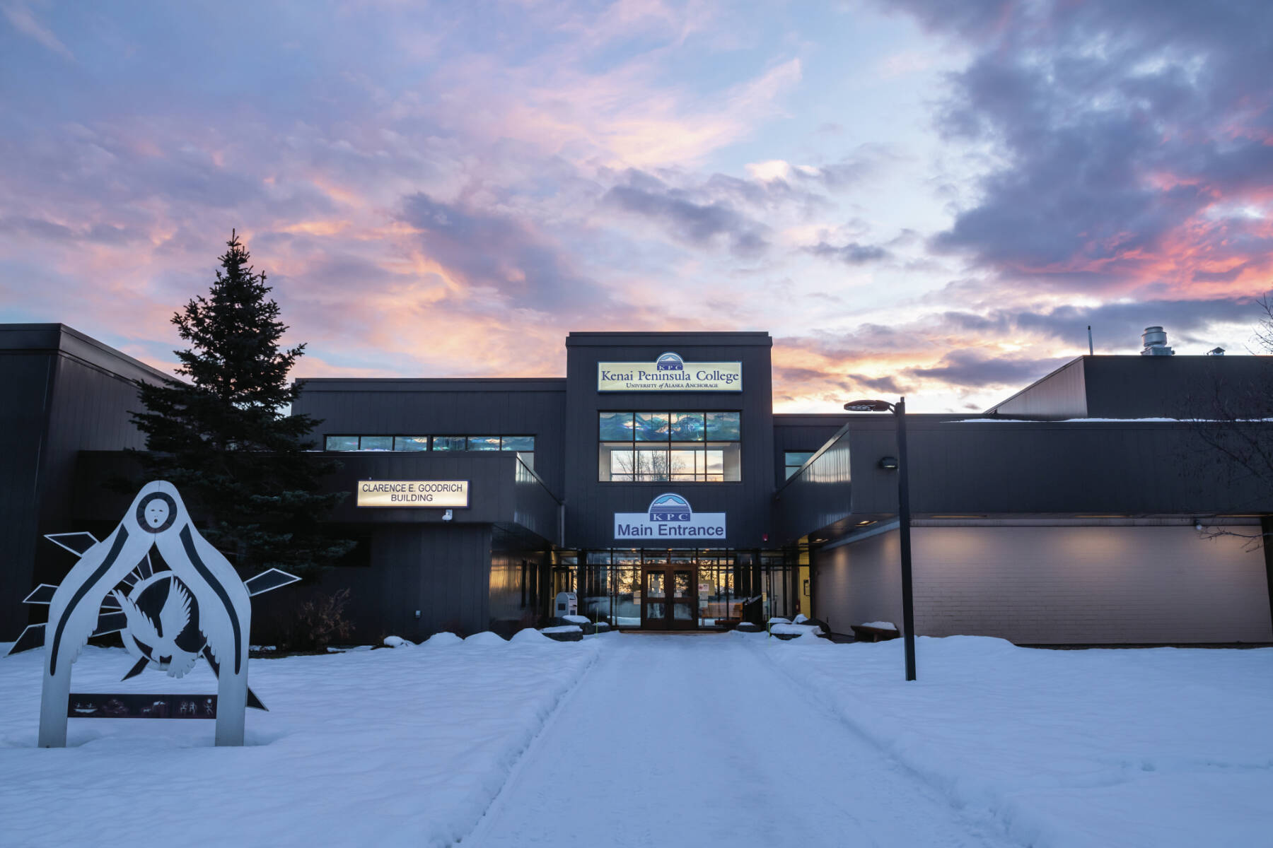 Sunrise over UAA's Kenai Peninsula College Kenai River Campus main entrance and Clarence E. Goodrich Building. Photo provided by KRC.