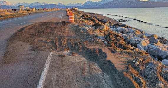 The southbound lane of Homer Spit Road, which was damaged by the Nov. 16 storm surge, is temporarily repaired with gravel and reopened on Thursday, Nov. 21<ins>, 2024, in Homer, Alaska</ins>. (Delcenia Cosman/Homer News)