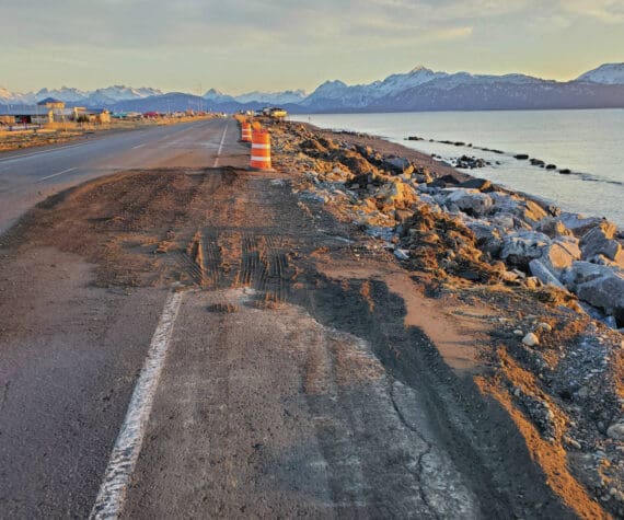 The southbound lane of Homer Spit Road, which was damaged by the Nov. 16 storm surge, is temporarily repaired with gravel and reopened on Thursday, Nov. 21<ins>, 2024, in Homer, Alaska</ins>. (Delcenia Cosman/Homer News)