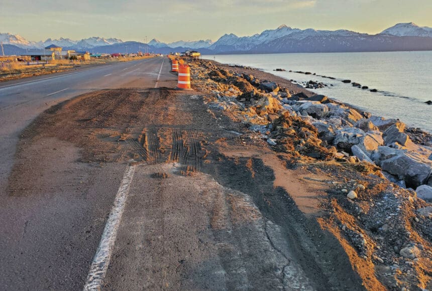 <p>The southbound lane of Homer Spit Road, which was damaged by the Nov. 16 storm surge, is temporarily repaired with gravel and reopened on Thursday, Nov. 21<ins>, 2024, in Homer, Alaska</ins>. (Delcenia Cosman/Homer News)</p>