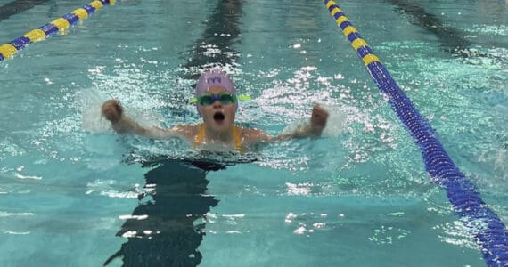 Ellowyn Hanson competes in the butterfly in the 8-and-under medley relay at the Kate Kuhns Memorial Pool on Saturday, Nov. 23<ins>,</ins><ins> 2024, in Homer, </ins><ins>Alaska</ins>. (Photo provided by Kachemak Kings)