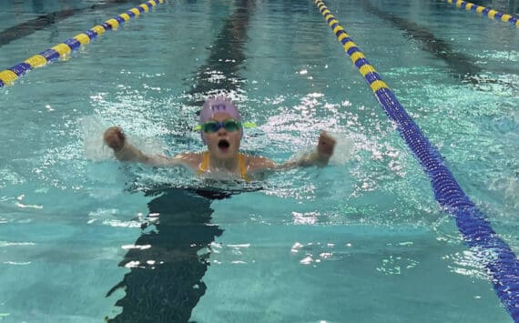 Ellowyn Hanson competes in the butterfly in the 8-and-under medley relay at the Kate Kuhns Memorial Pool on Saturday, Nov. 23<ins>,</ins><ins> 2024, in Homer, </ins><ins>Alaska</ins>. (Photo provided by Kachemak Kings)