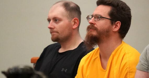 Josiah Kelly, right, appears for a superior court arraignment at the Kenai Courthouse in Kenai, Alaska, on Tuesday, Nov. 26, 2024. (Jake Dye/Peninsula Clarion)