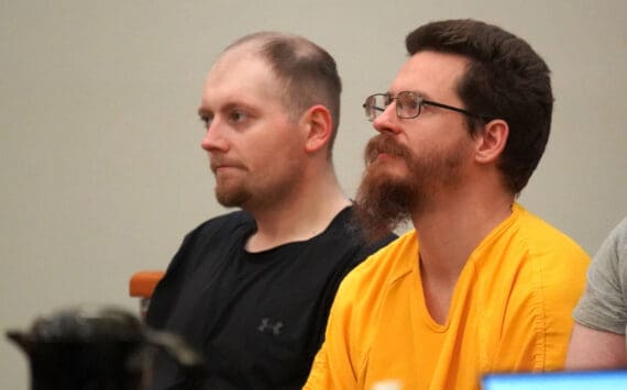 Josiah Kelly, right, appears for a superior court arraignment at the Kenai Courthouse in Kenai, Alaska, on Tuesday, Nov. 26, 2024. (Jake Dye/Peninsula Clarion)