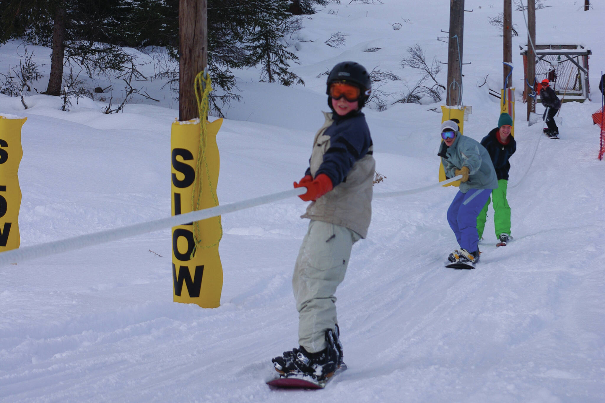 Skiers get a lift up the hill at the Homer Rope Tow on Ohlson Mountain in this March 2014 photo in Homer, Alaska. (Homer News file photo)