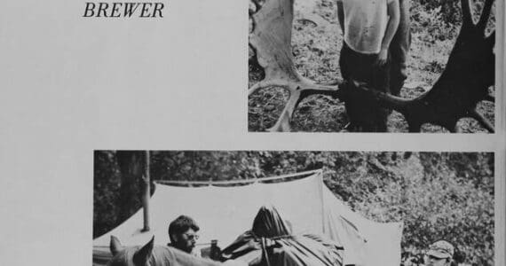 These two pages from Kaknu, the 1976 yearbook for Kenai Central High School, were dedicated to KCHS teacher James Brewer, who drowned with his son Byron and Soldotna teacher Stephen Koch in August 1975. The man smoking the pipe and standing with moose antlers is Brewer; his son is in front of him.