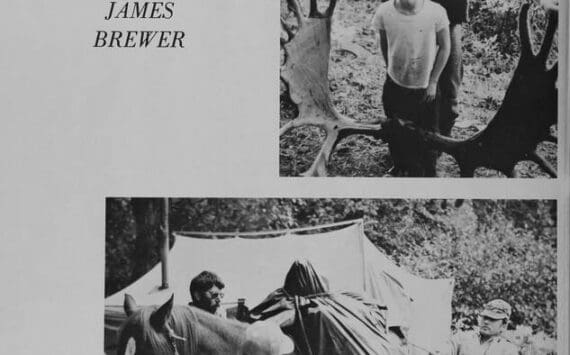 These two pages from Kaknu, the 1976 yearbook for Kenai Central High School, were dedicated to KCHS teacher James Brewer, who drowned with his son Byron and Soldotna teacher Stephen Koch in August 1975. The man smoking the pipe and standing with moose antlers is Brewer; his son is in front of him.