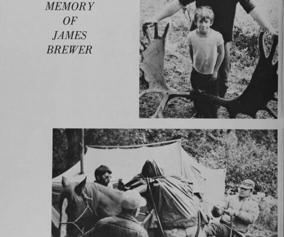 These two pages from Kaknu, the 1976 yearbook for Kenai Central High School, were dedicated to KCHS teacher James Brewer, who drowned with his son Byron and Soldotna teacher Stephen Koch in August 1975. The man smoking the pipe and standing with moose antlers is Brewer; his son is in front of him.