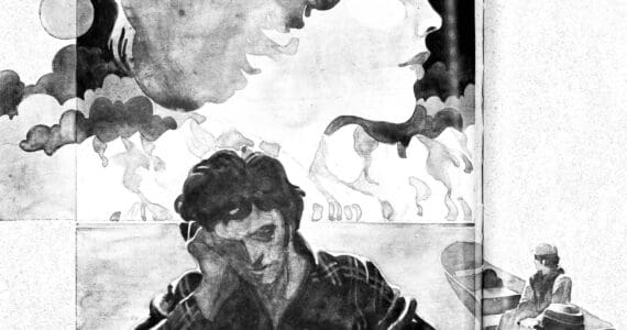 This illustration by John Fretz accompanied an article entitled “Anne: A True Story” in the November 1978 issue of Alaskafest, an in-flight magazine for Alaska Airlines. The story, designed as a romance, also concerned the death of Mitch Gyde, who drowned in Tustumena Lake in September 1975.