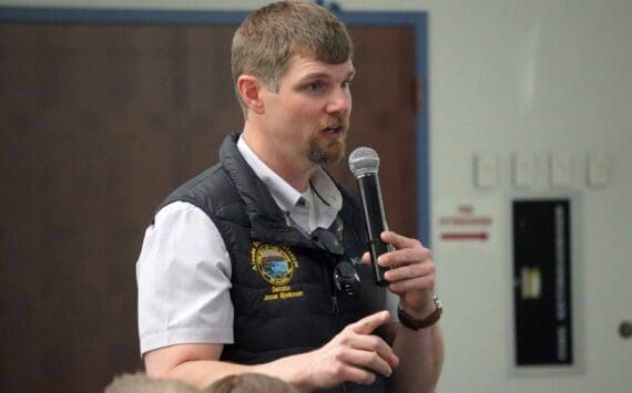 Sen. Jesse Bjorkman, R-Nikiski, delivers a legislative update to the joint Kenai and Soldotna Chambers of Commerce in Kenai, Alaska, on Wednesday, June 19, 2024. (Jake Dye/Peninsula Clarion)