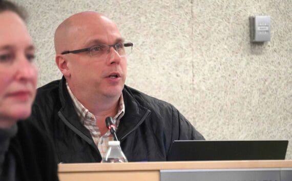 Kenai Peninsula Borough School District Board of Education Vice President Jason Tauriainen speaks during a meeting of the board in Soldotna, Alaska, on Monday, Dec. 3, 2024. (Jake Dye/Peninsula Clarion)