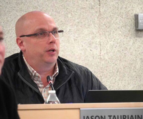 Kenai Peninsula Borough School District Board of Education Vice President Jason Tauriainen speaks during a meeting of the board in Soldotna, Alaska, on Monday, Dec. 3, 2024. (Jake Dye/Peninsula Clarion)