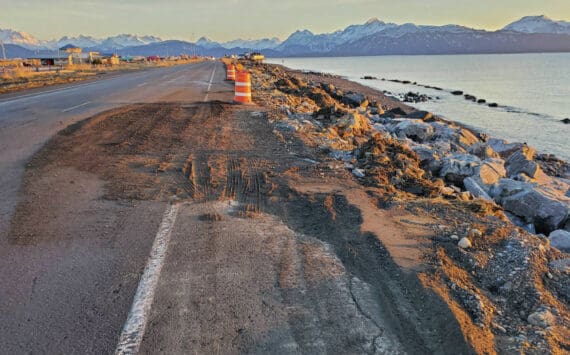 The southbound lane of Homer Spit Road, which was damaged by the Nov. 16 storm surge, is temporarily repaired with gravel and reopened on Thursday, Nov. 21, 2024, in Homer, Alaska. (Delcenia Cosman/Homer News)