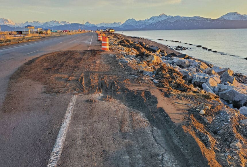 <p>The southbound lane of Homer Spit Road, which was damaged by the Nov. 16 storm surge, is temporarily repaired with gravel and reopened on Thursday, Nov. 21, 2024, in Homer, Alaska. (Delcenia Cosman/Homer News)</p>