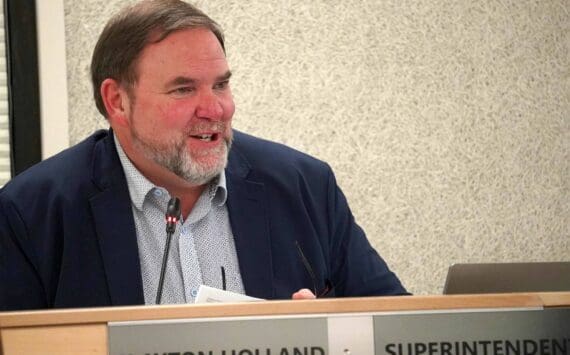 Superintendent Clayton Holland speaks during a meeting of the Kenai Peninsula Borough School District’s Board of Education in Soldotna, Alaska, on Monday, Dec. 2, 2024. (Jake Dye/Peninsula Clarion)