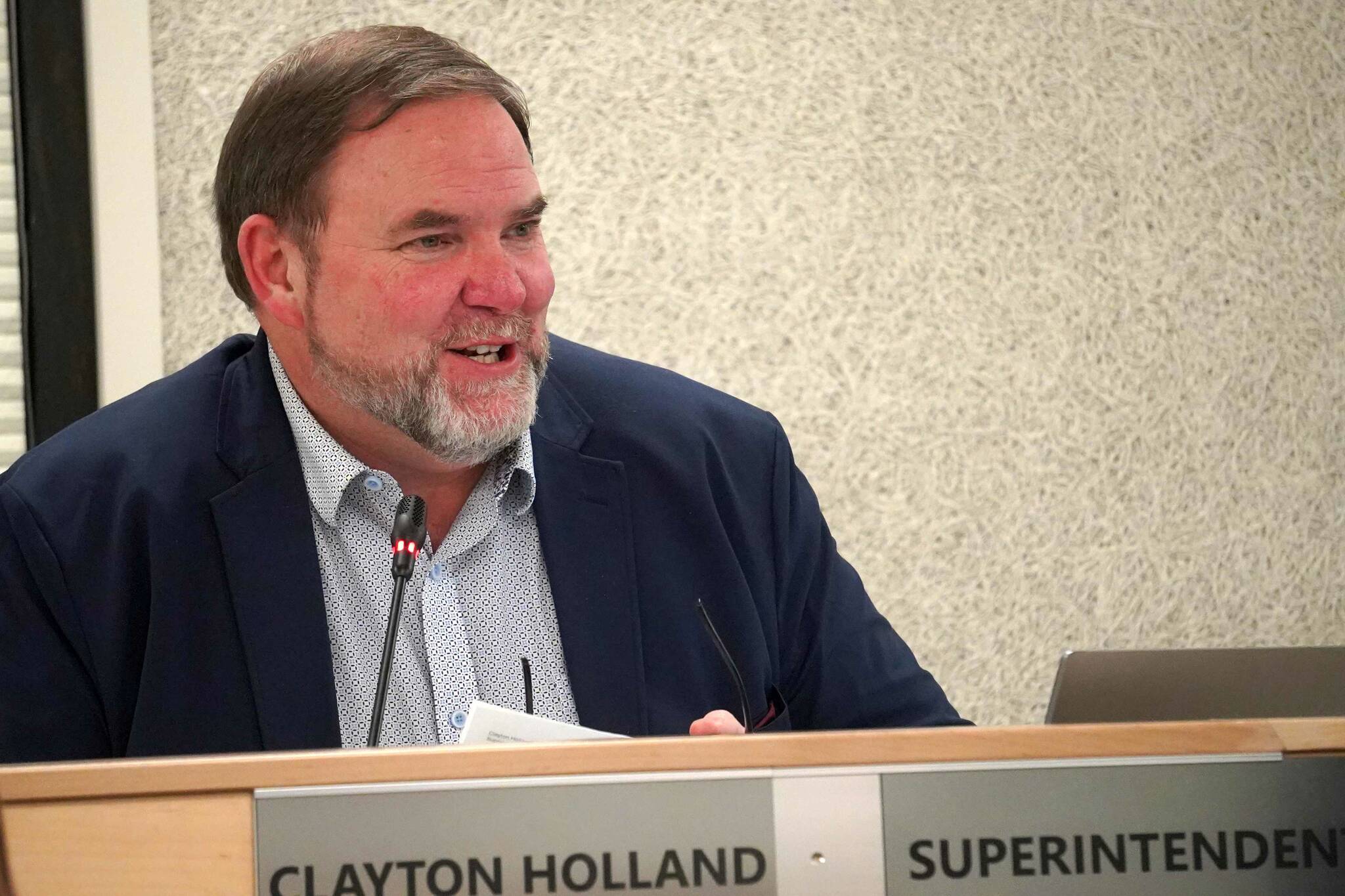 Superintendent Clayton Holland speaks during a meeting of the Kenai Peninsula Borough School District’s Board of Education in Soldotna, Alaska, on Monday, Dec. 2, 2024. (Jake Dye/Peninsula Clarion)