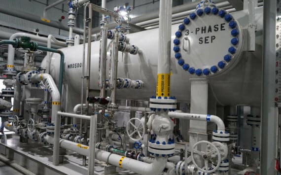 Natural gas processing equipment is seen at Furie Operating Alaska’s central processing facility in Nikiski, Alaska, on Wednesday, July 10, 2024. (Jake Dye/Peninsula Clarion)