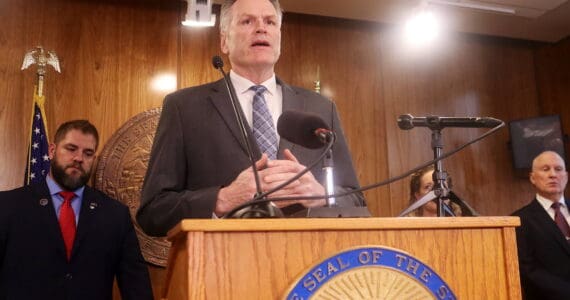 Gov. Mike Dunleavy explains details of his proposed state budget for next year during a press conference Thursday, Nov. 12, 2024, at the Alaska State Capitol in Juneau, Alaska. (Mark Sabbatini / Juneau Empire)