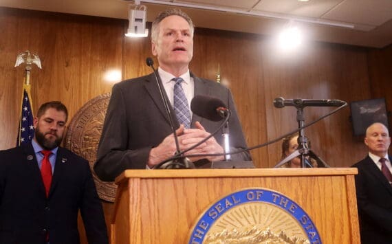 Gov. Mike Dunleavy explains details of his proposed state budget for next year during a press conference Thursday, Nov. 12, 2024, at the Alaska State Capitol in Juneau, Alaska. (Mark Sabbatini / Juneau Empire)