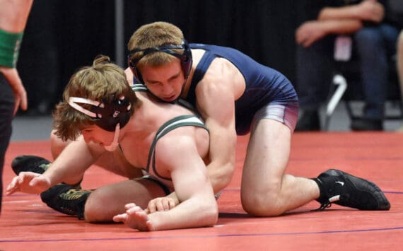 Soldotna’s Michael Dickinson wrestles to a 10-1 major decision against Colony’s Tristen Mayer in the final at 152 pounds at the Division I state wrestling tournament Saturday, Dec. 21, 2024, at the Alaska Airlines Center in Anchorage, Alaska. (Photo by Jeff Helminiak/Peninsula Clarion)